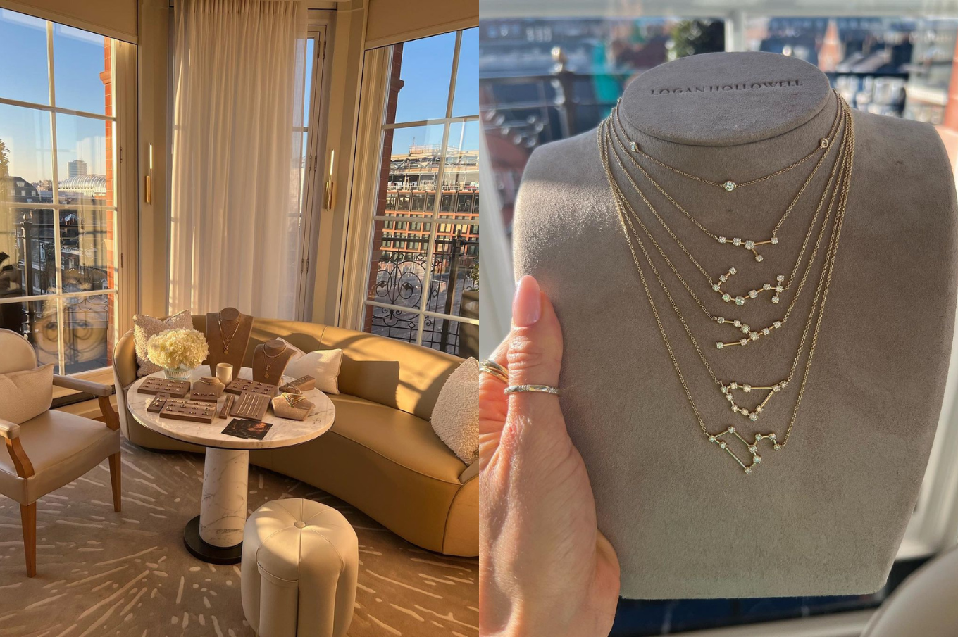 Left: London hotel suite with LH jewelry on display / Neck display with constellation necklaces on 