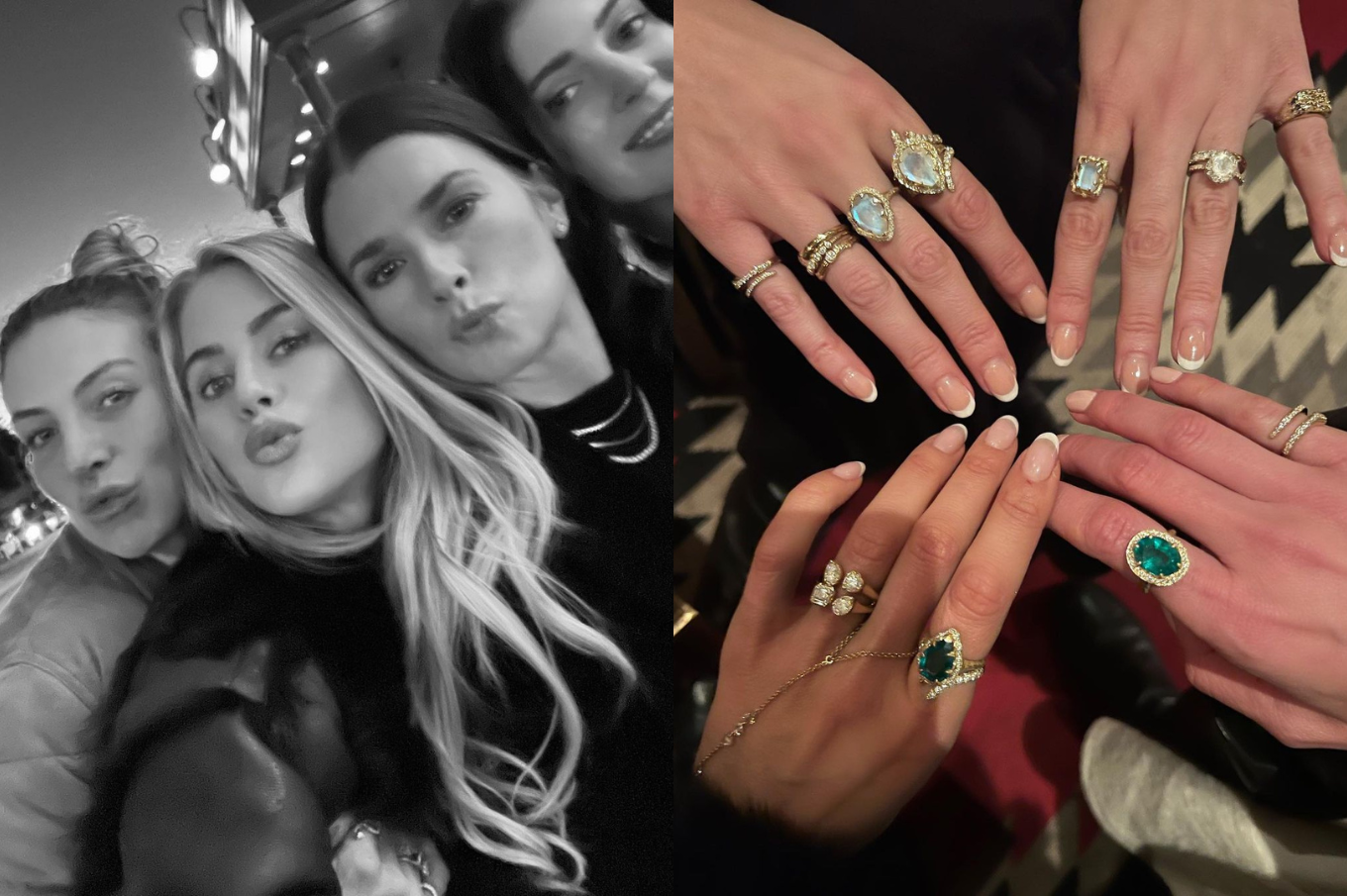 Left Image: Selfie of Logan and 3 girls, Right Image: 4 hands together with LH rings on