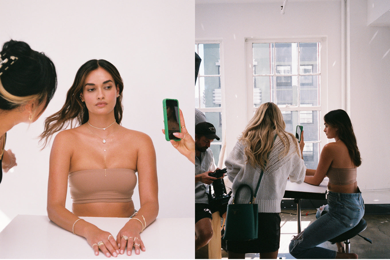 Film BTS photos of the constellation photoshoot, models in fram getting hair fixed