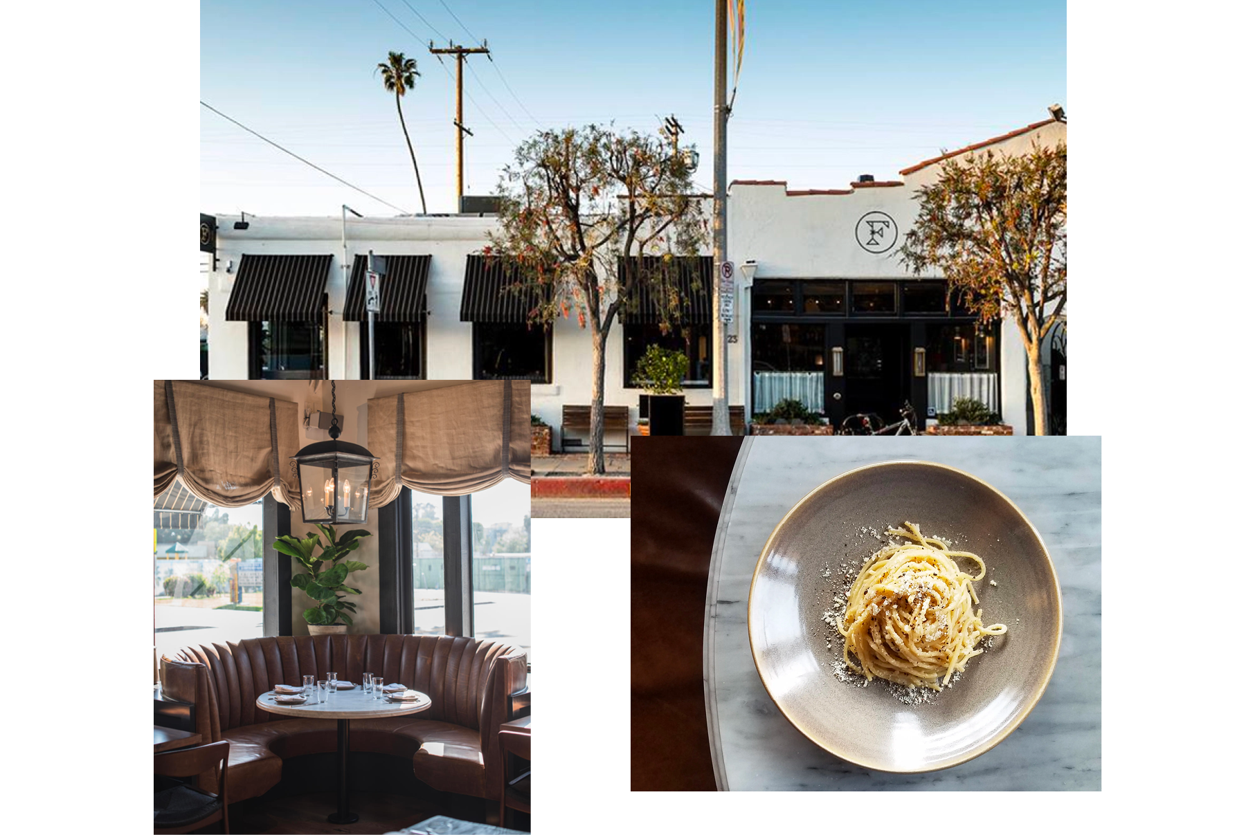 3 images of Felix LA restaurant ( Front view of website, pasta dish & table and chairs inside of restaurant)