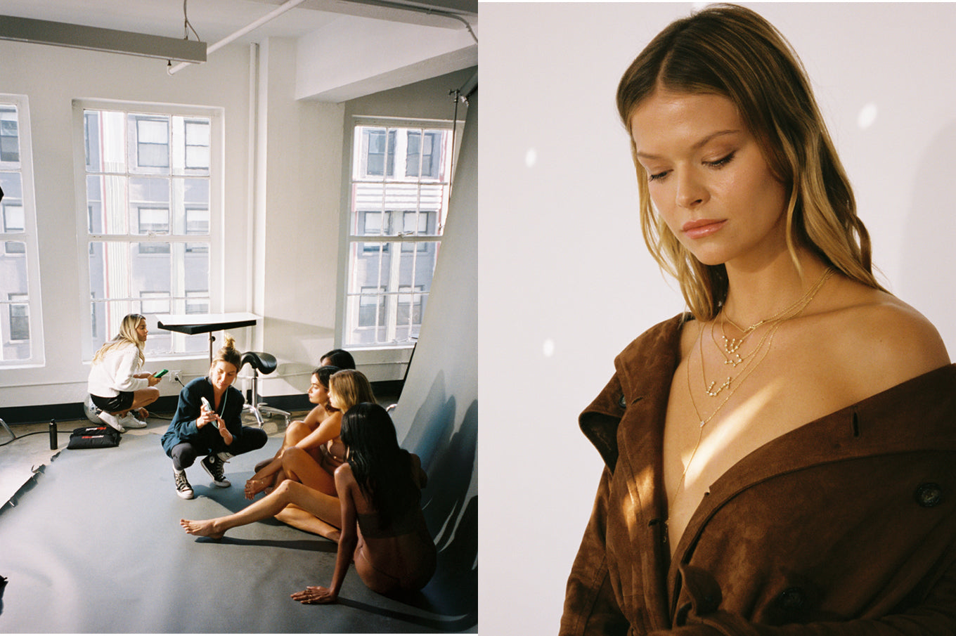 left: models in studio sitting on ground posed for photographer,  model Kara wearing constellation collection