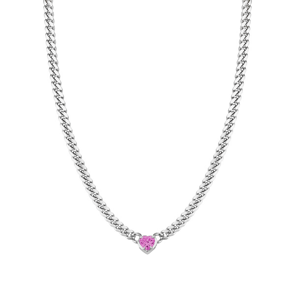 NEW! Cuban Chain Choker with Pink Sapphire Heart Center