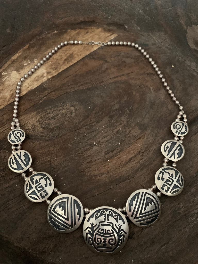 Vintage Hopi Squash Blossom Inlay Sterling Silver Necklace