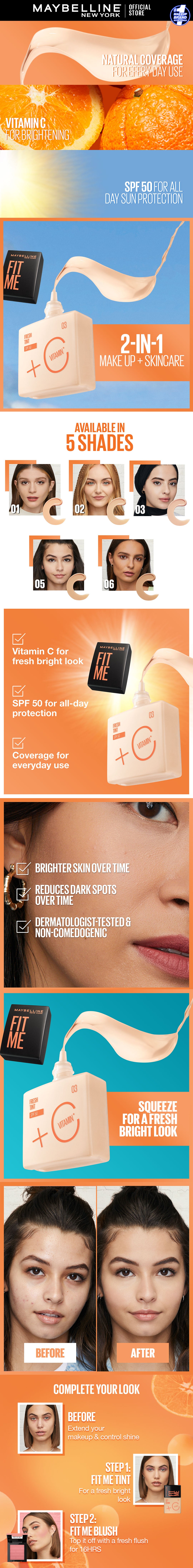 Maybelline New York Fit Me Fresh Tint With SPF 50 & Vitamin C, Shade 03 |  Natural Coverage Skin Tint For Daily Use 30 ml