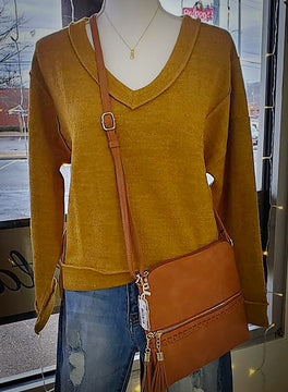 Mustard V-Neck Sweater w Loose Sleeves