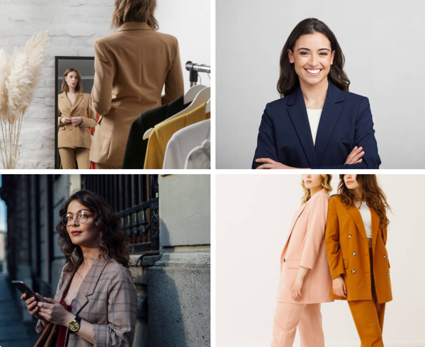 4 images of women wearing blazers in different settings, work, at a bar, shopping.