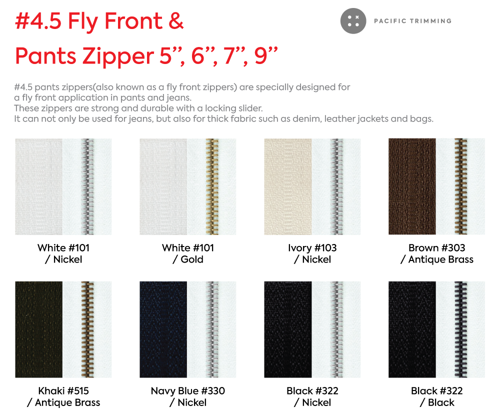 YKK #4.5 Fly Front & Pants Zipper 5, 7, 9