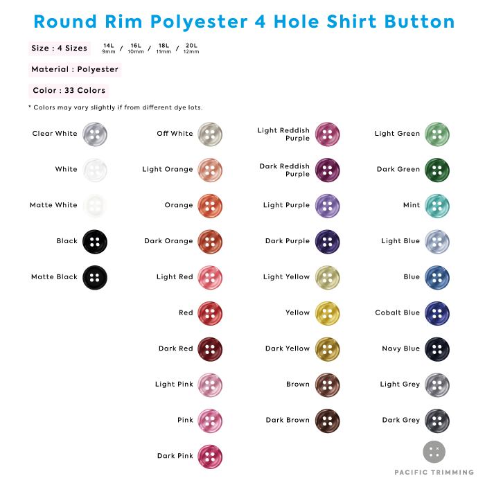 Color Round Rim Polyester 4 Hole Shirt Button Description