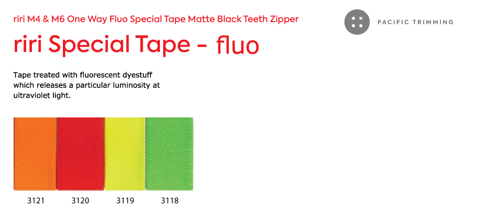 riri M4 & M6 One Way Fluo Special Tape Matte Black Teeth Zipper Description