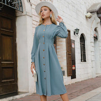 Vintage A-Line Buttons O-Neck Blue Midi Dress - Zooomberg