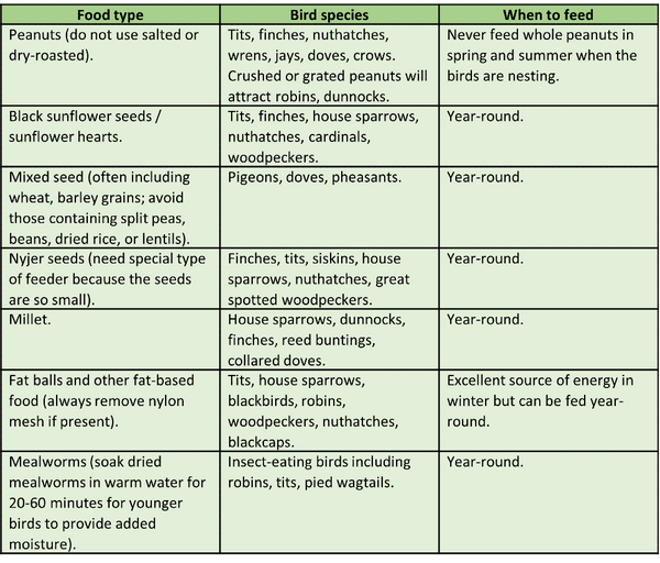 Table showing different food types and the bird species that they attract