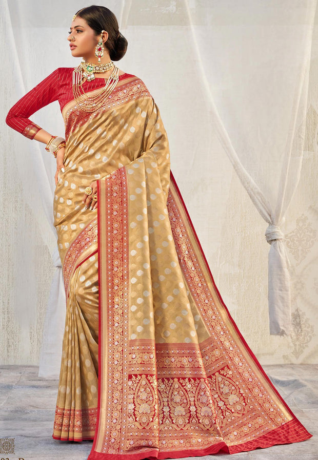 Pure tissue organza silk saree cream and red pink with allover zari we –  Prashanti Sarees