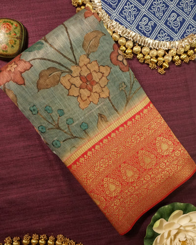 Pen Kalamkari pure tussar Sari on blue and pink