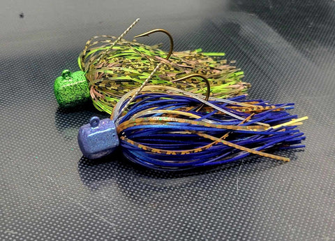 Two jigs with Easy Kasting fishing jig skirts side by side