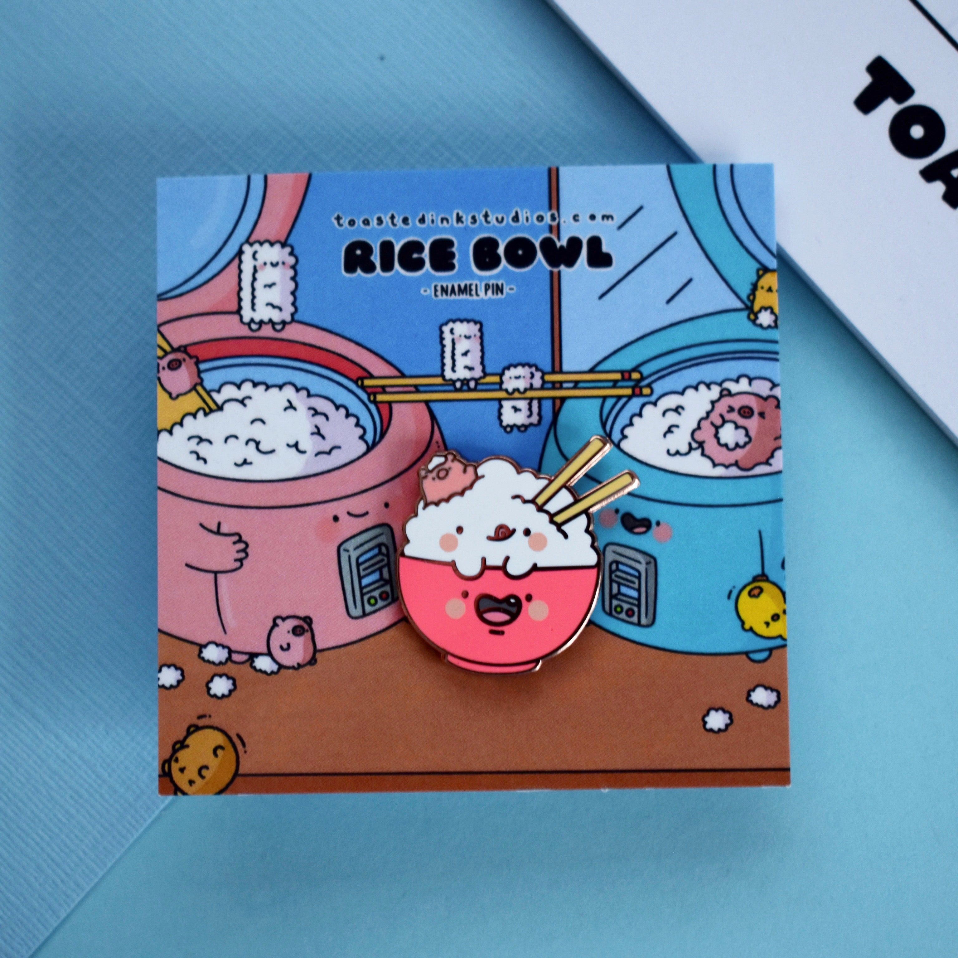 Rice bowl pin backing card with 2 rice cookers