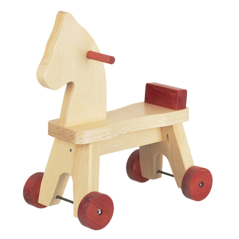 Amish Made Wooden Riding Horse  with Red Paint and Maple Stain