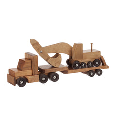 Get your child a durable and long-lasting Wooden Low Boy Truck with Excavator. This wooden toy is made with solid pine wood and a child-safe, non-toxic finish.