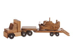 The durable Wooden Low Boy Truck with Bulldozer, handmade by Amish family, is made with child-safe, eco-friendly materials.