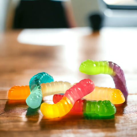 Albanese 12 Flavor Mini Gummi Worms on the table