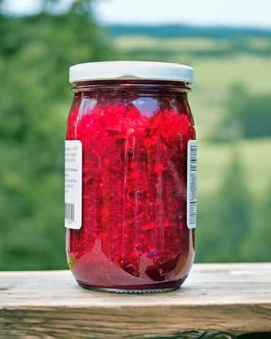 Savor traditional Amish-made Beet Relish with Horseradish. Authentic USA-crafted, our recipe enhances any meal.