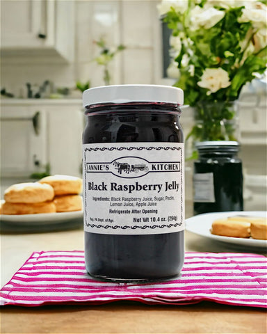 Savor Amish-made Black Raspberry Jelly, no refrigeration needed before opening. Tradition & quality made in the USA.