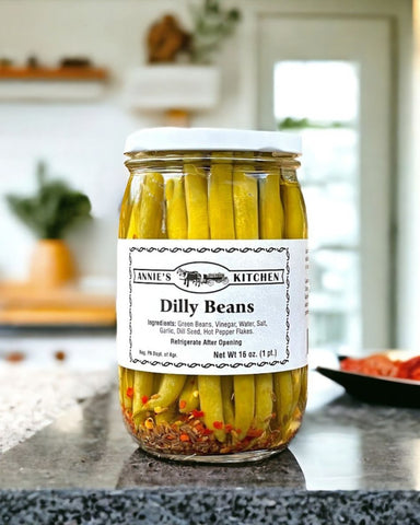 Savor Amish-made green bean snacks: our spicy dilly beans recipe delivers homegrown, Made in America flavor. Enjoy the zesty crunch!