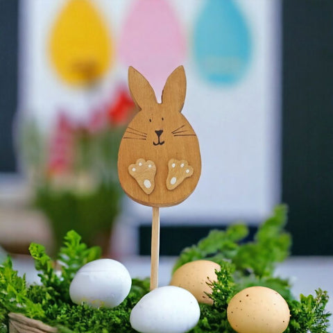 Handmade Wooden Bunny on a Stick for indoor potted plants.