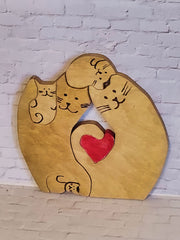 Wooden Cat Family with Heart Decoration