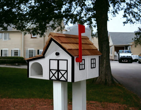 White Wooden Mailbox with Cedar Roof and Newspaper Holder