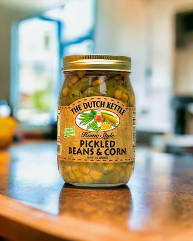 Savor old-fashioned Amish pickled corn and green beans made in the USA to perfect your meals with a Dutch Kettle touch.