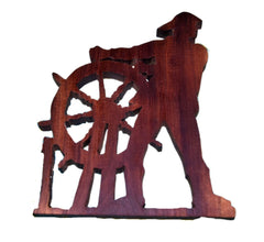 Add rustic nautical charm to your coastal decor with this Handmade Wooden Mariner Steering the Ship.