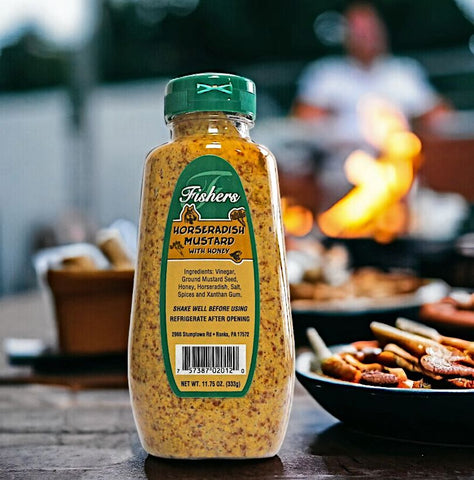 Savor the authentic Amish-made honey mustard sauce from Lancaster, ideal for enlivening pretzels with USA-crafted zest. Array