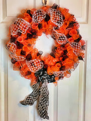 Handmade Orange and Black Deco Mesh Wreath