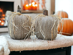 Handmade Twine Pumpkins with Raffia around wooden stem