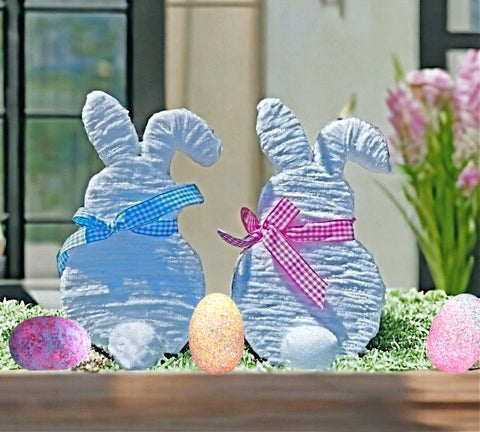 Handcrafted Easter Bunnies Decor made of White yarn and checkered Ribbon for Harvest Array