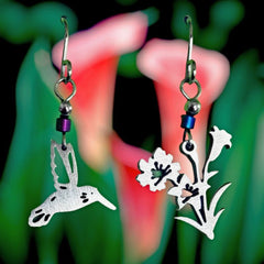 Hummingbird and Flowers Stainless Steel Earrings