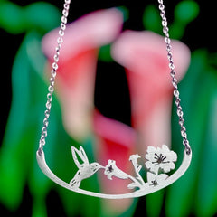 Hummingbird and Flowers Stainless Steel Necklace