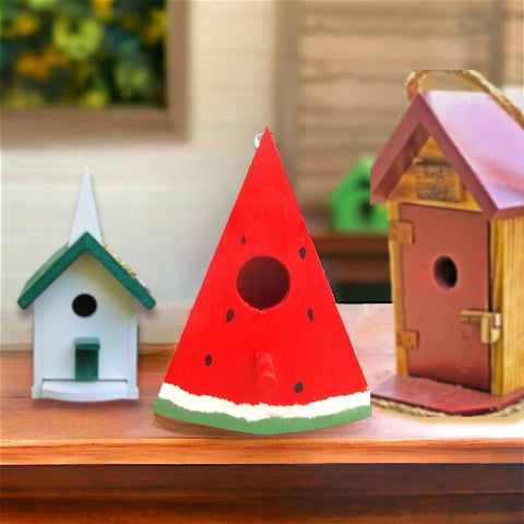 Hand Crafted Wooden Watermelon Shaped Birdhouse only available for purchase online from Harvest Array.