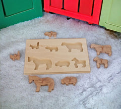 Wood Puzzle Board with Harvest Stained Farm Animal Pieces