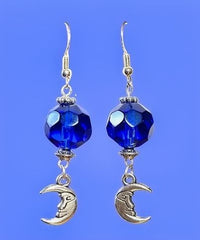 Moon Charm with Blue Crystal Bead Earrings