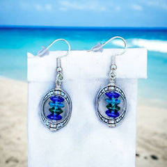 Blue and Green Glass Beads in Oval Frame Earrings