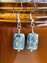Iridescent Turquoise blue Dotted Czech Glass Rectangular Bead Earrings