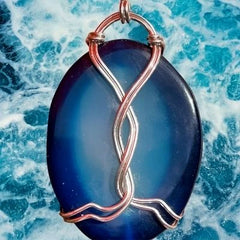 Fire Blue Agate Pendant Wrapped in Sterling Silver Wire with Cord Necklace