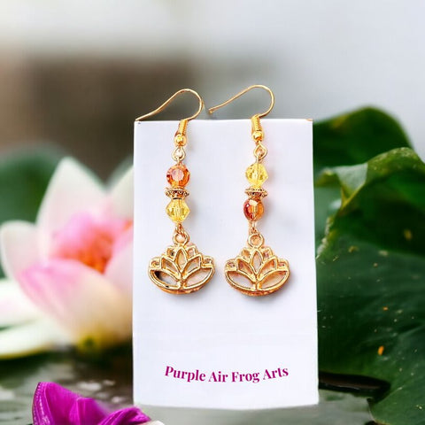 Gold Tone Lotus Charm Dangle Earrings