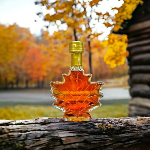 Pure Vermont Maple Syrup in a 3.4 Ounce Glass Leaf Jar for Harvest Array
