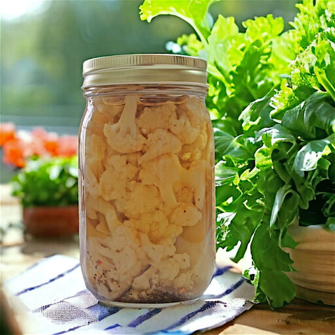 Savor Amish-made Dutch Kettle pickled cauliflower, rich in Vitamin K and perfect for a wholesome snack.