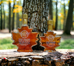 Two sizes of Silloway Pure and Rich Vermont Maple Syrup in a Glass Leaf Jar