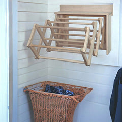 Space-saving wall mounted drying rack for laundry. Ideal for air-drying delicates. Sturdy, Amish-made design.