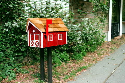 Red Wooden Mailbox with a Cedar Roof and Dual Doors