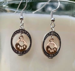 Oval Frame with Gold Toned Paw Print Charm Earrings